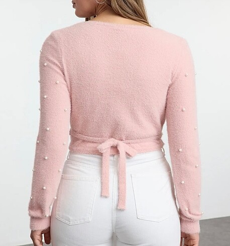 Trendyol & Milla İnci Detaylı Pembe Uzun Kollu Crop Kazak