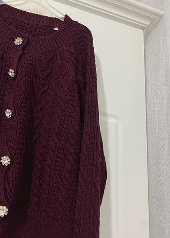 Bordo Bohem Uzun Kollu Düğmeli Hırka - Görsel 3