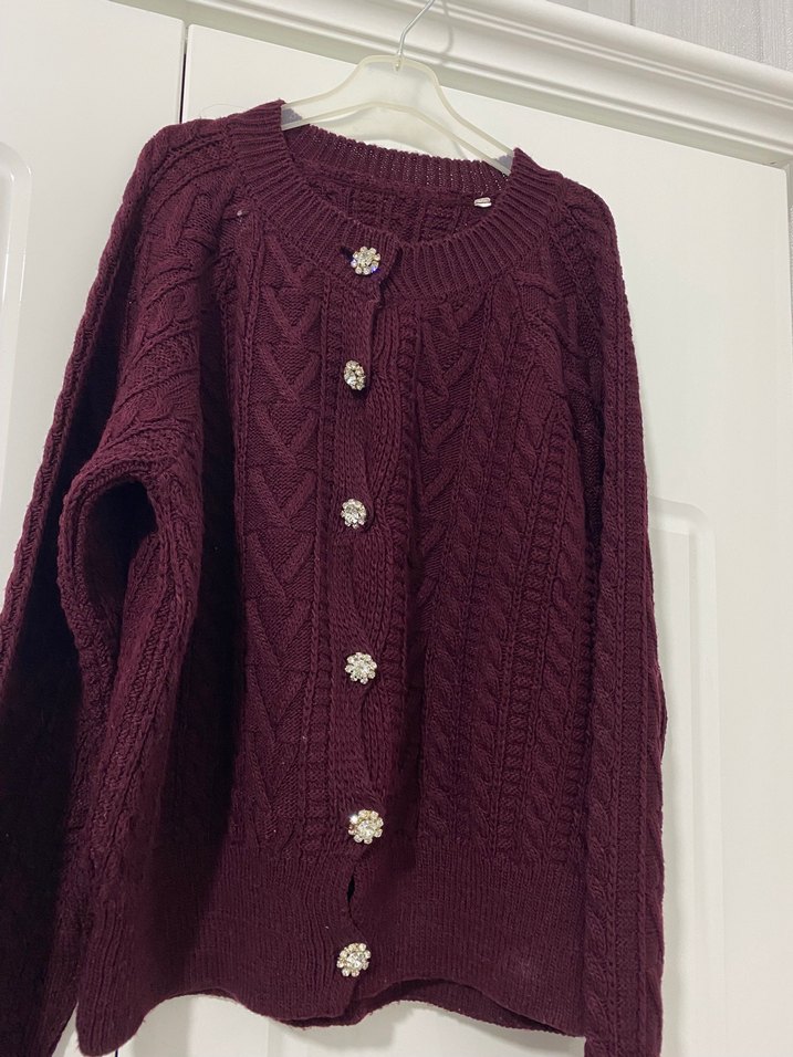 Bordo Bohem Uzun Kollu Düğmeli Hırka - Görsel 2