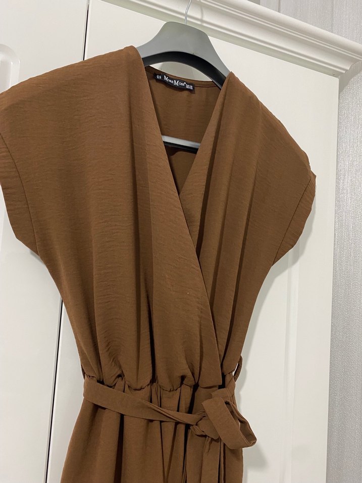 Kahverengi Kemerli Uzun Kadın Elbise - Görsel 2