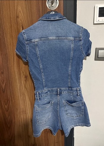 Kadın Kısa Denim Tulum Kemerli Mavi - Görsel 2