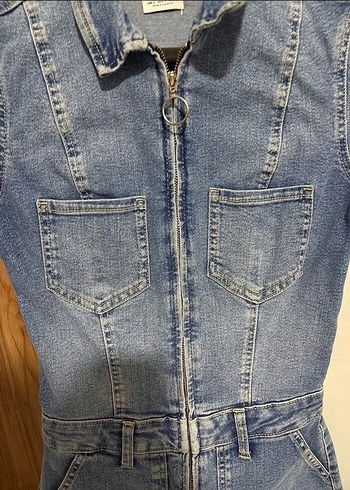 Kadın Kısa Denim Tulum Kemerli Mavi - Görsel 4