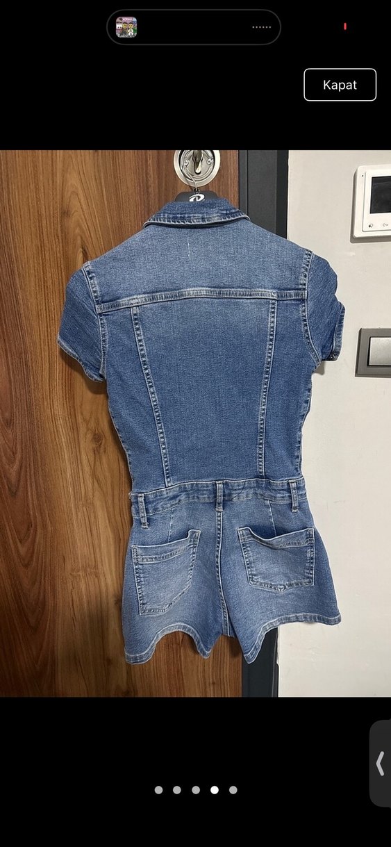 Kadın Kısa Denim Tulum Kemerli Mavi - Görsel 2