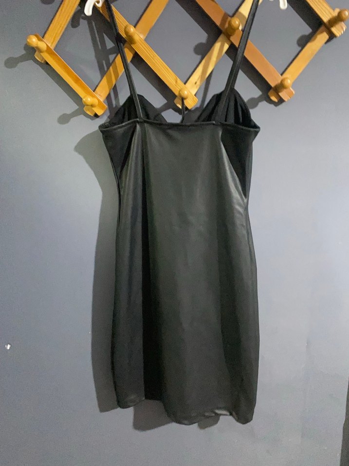 Siyah Deri Görünümlü Mini Goth Elbise - Görsel 3