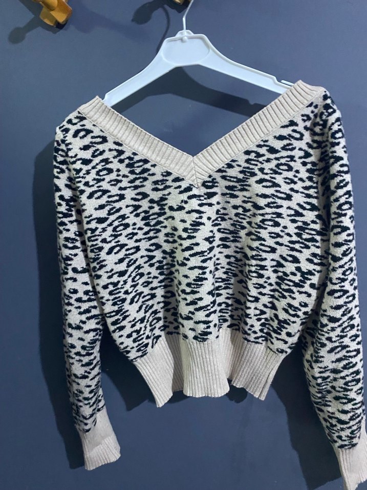 V Yakalı Zebra Desenli Bej Triko Kazak - Görsel 2