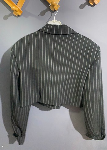 Gri Çizgili Kısa Kadın Blazer Ceket - Görsel 2