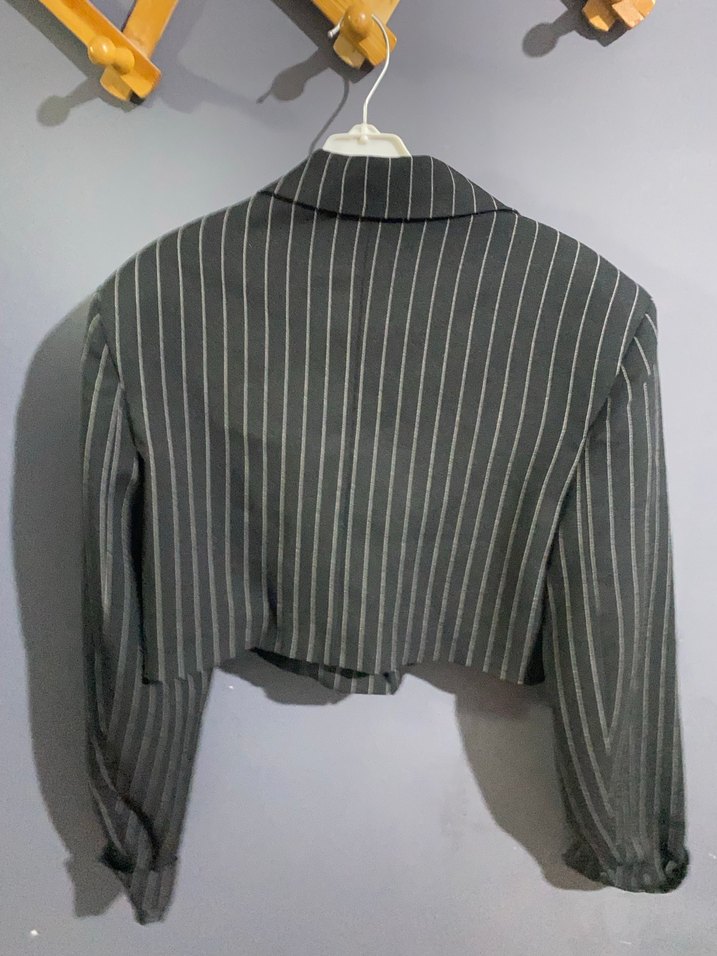 Gri Çizgili Kısa Kadın Blazer Ceket - Görsel 2