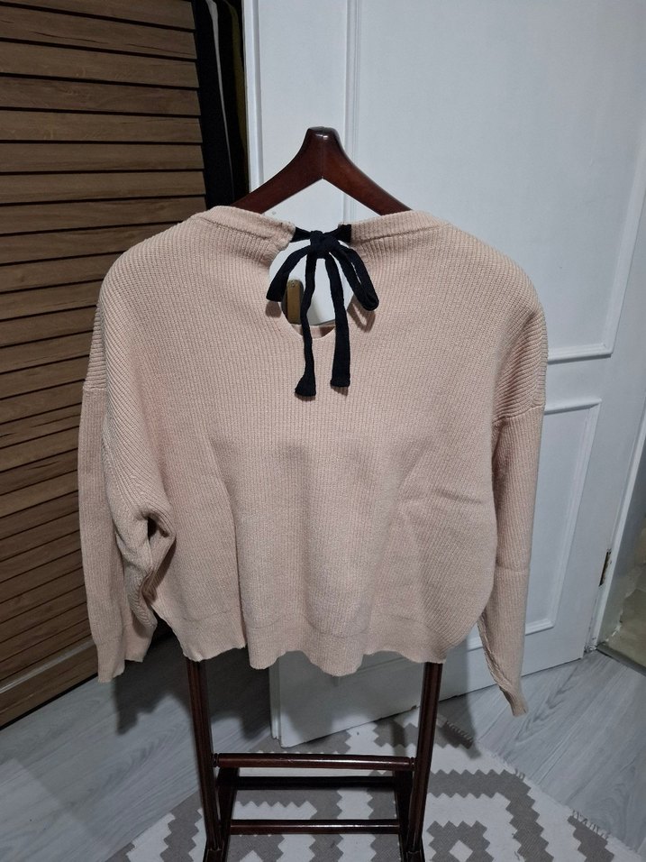 Bej Örgü Kadın Triko Kazak - Görsel 3