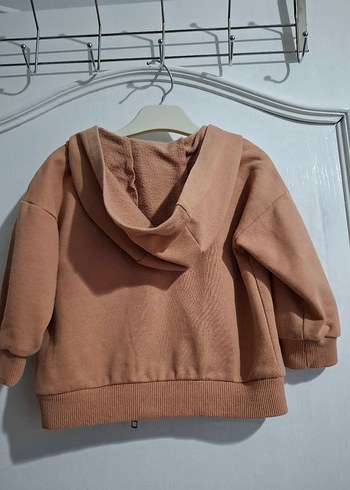 9-12 Ay Beden Kız Çocuk Bej Kapüşonlu Fermuarlı Sweatshirt