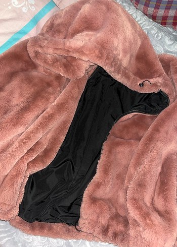 m Beden Kapüşonlu Pembe Peluş Mont
