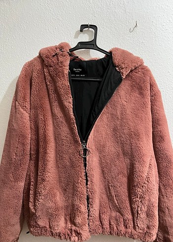 Kapüşonlu Pembe Peluş Mont
