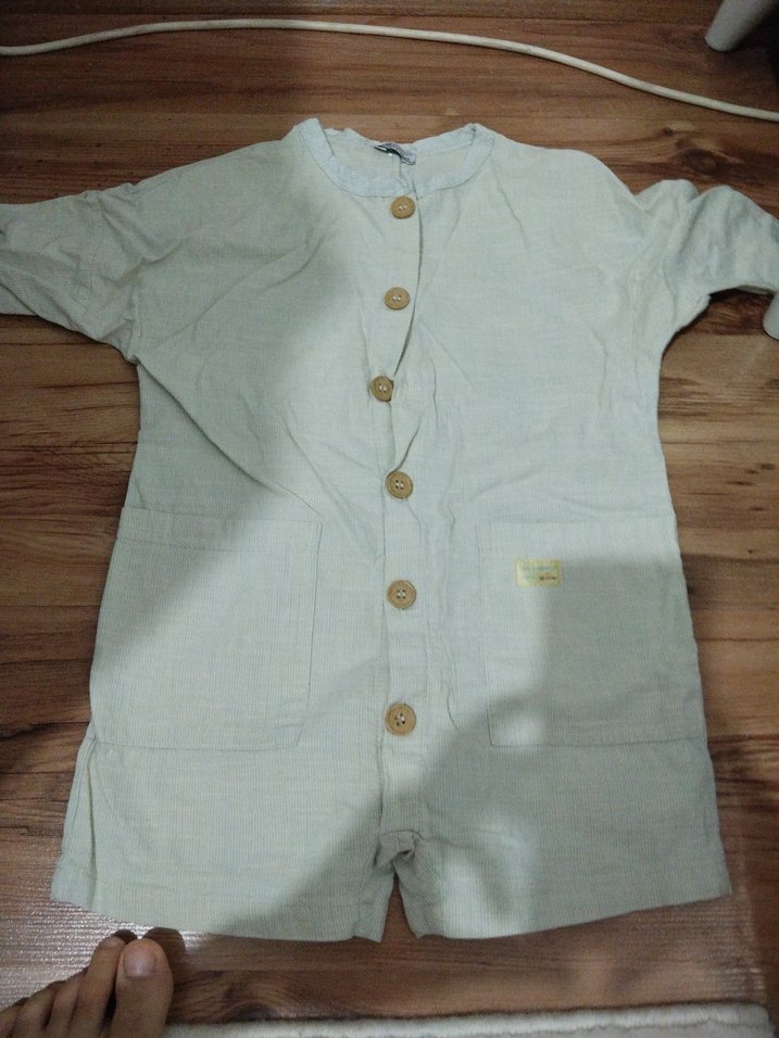 Bej Keten Kısa Kollu Bebek Tulum - Görsel 2