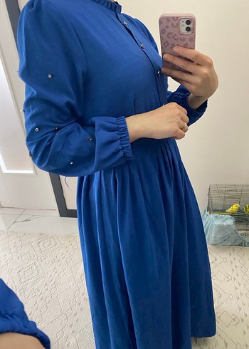 Mavi Parlak Midi Kadın Elbise - Görsel 2