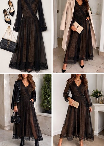 Tül Dantel Detaylı V Yaka Gold Uzun Abiye Elbise - Görsel 2