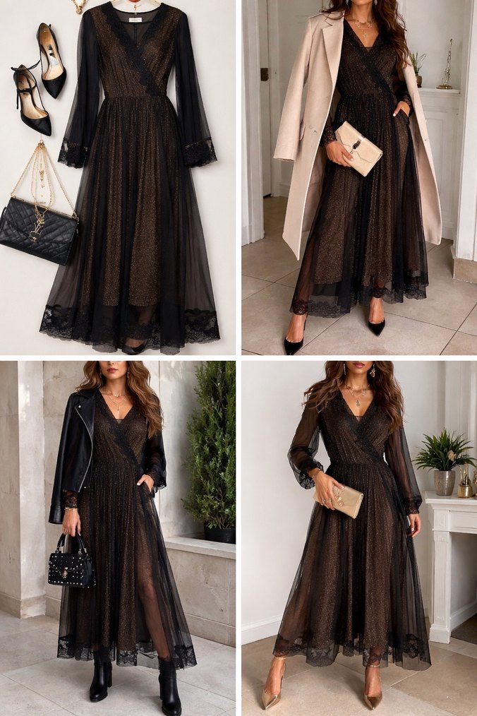 Tül Dantel Detaylı V Yaka Gold Uzun Abiye Elbise - Görsel 2