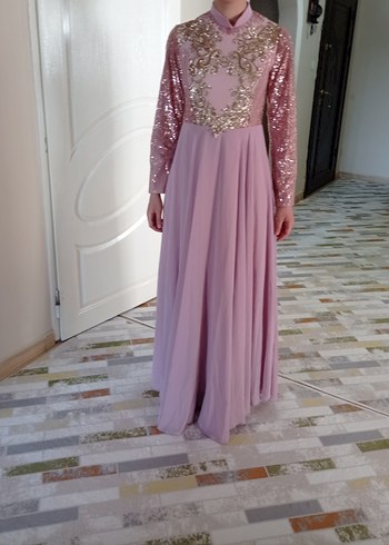 42 Beden pembe Renk Pudra Pembe Drape Detaylı Uzun Abiye Elbise