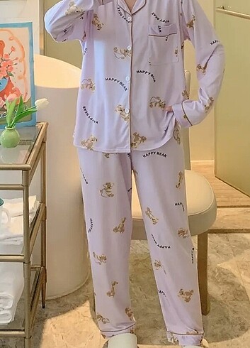 Zara Karikatür Ayı Baskılı Pijama Takımı, Sevimli Yaka Uzun Kollu Blu