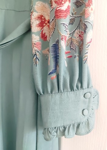 Uzun Turkuaz Nakışlı Kadın Elbise - Görsel 4