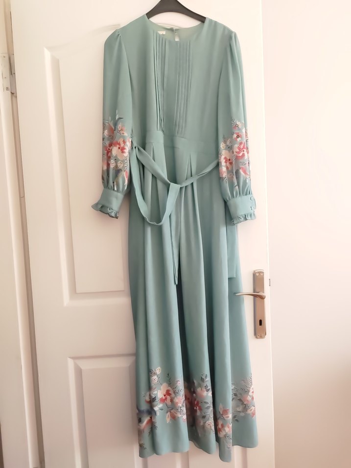 Uzun Turkuaz Nakışlı Kadın Elbise - Görsel 2