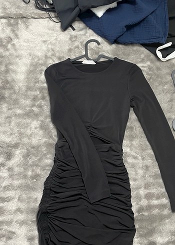 Uzun Kollu Siyah Drapeli Kadın Elbise - Görsel 2