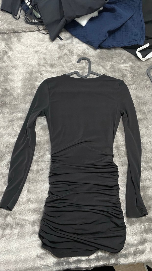 Uzun Kollu Siyah Drapeli Kadın Elbise - Görsel 3