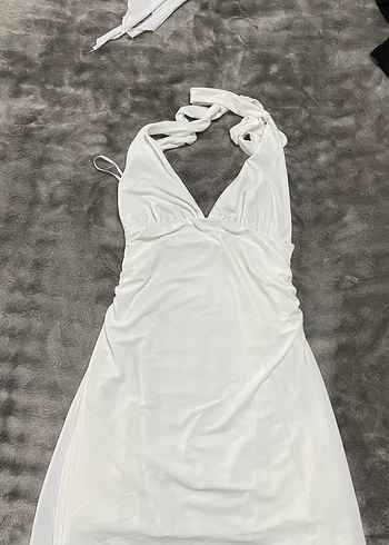 Beyaz V Yaka Drapeli Uzun Elbise - Görsel 2