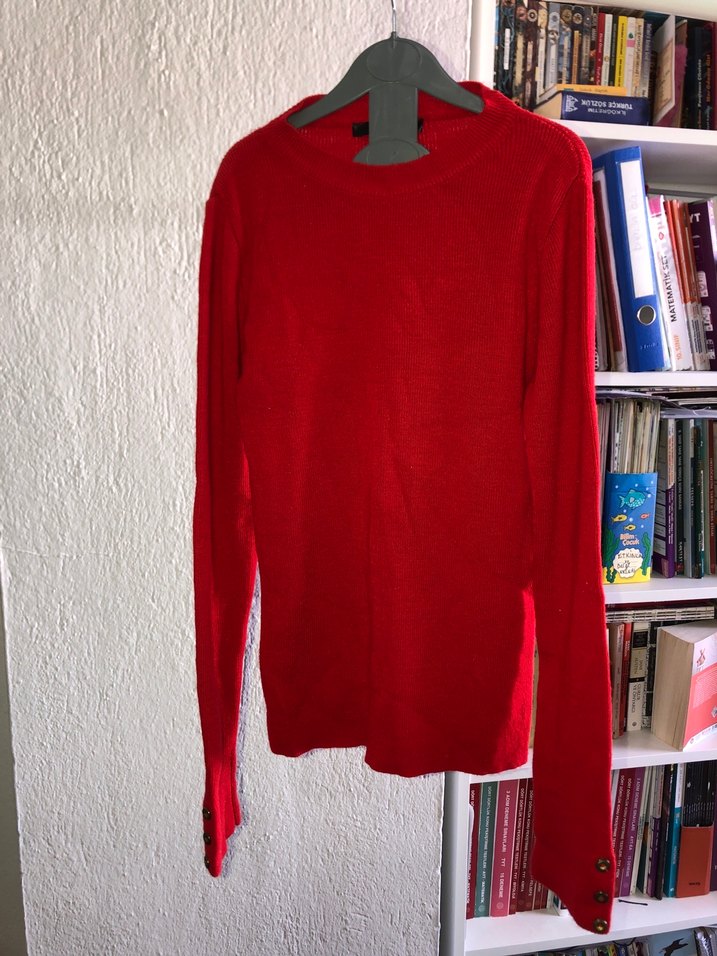 Kırmızı Kadın Yün Kazak, Uzun Kollu - Görsel 3