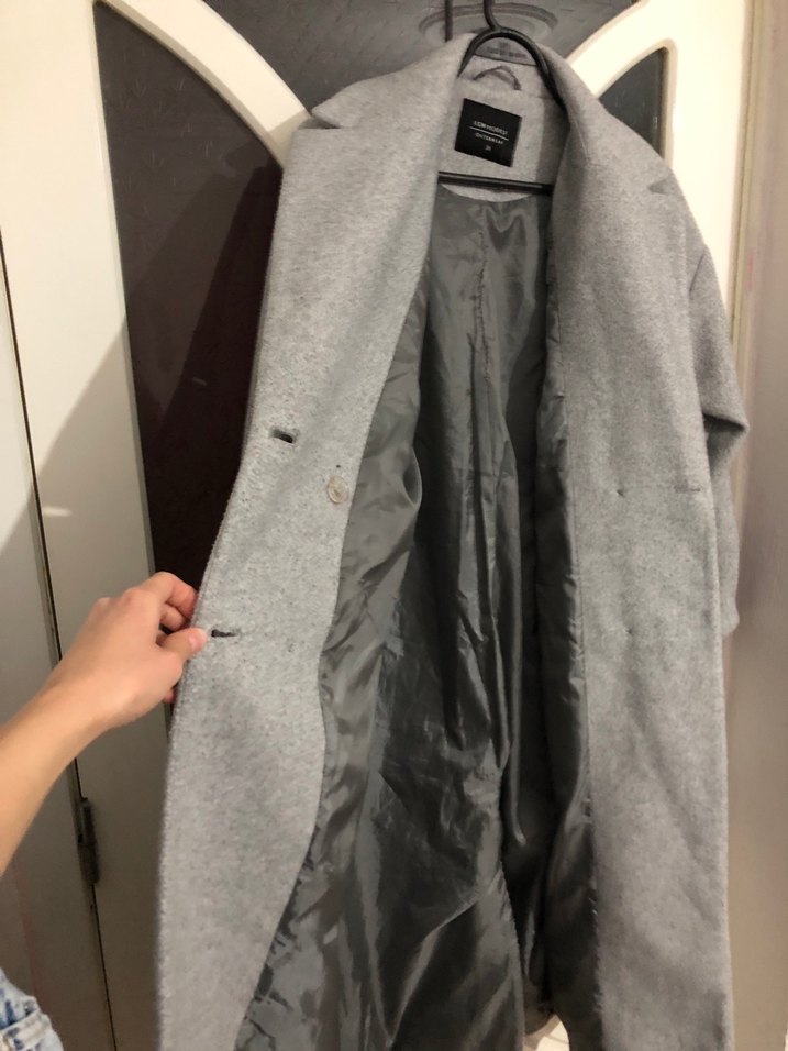 Gri Çift Düğmeli Uzun Kaban - Görsel 5