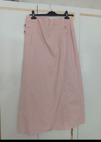 Belizz Düğmeli Pembe Uzun Keten Etek