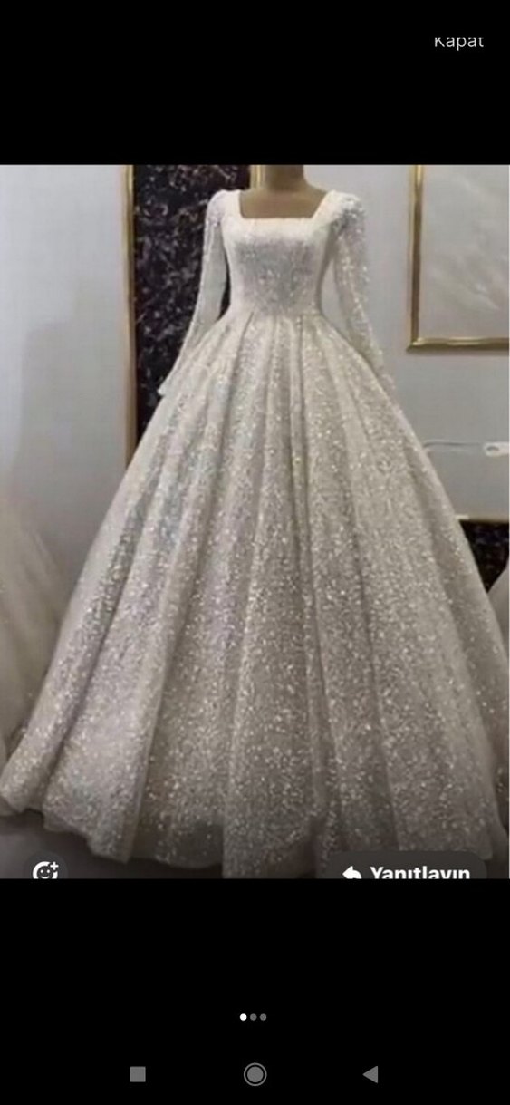 Parlak Beyaz Uzun Kollu Prenses Gelinlik - Görsel 2