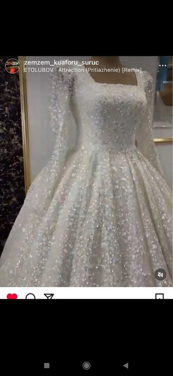 Uzun Kollu Parlak Beyaz Prenses Gelinlik - Görsel 2