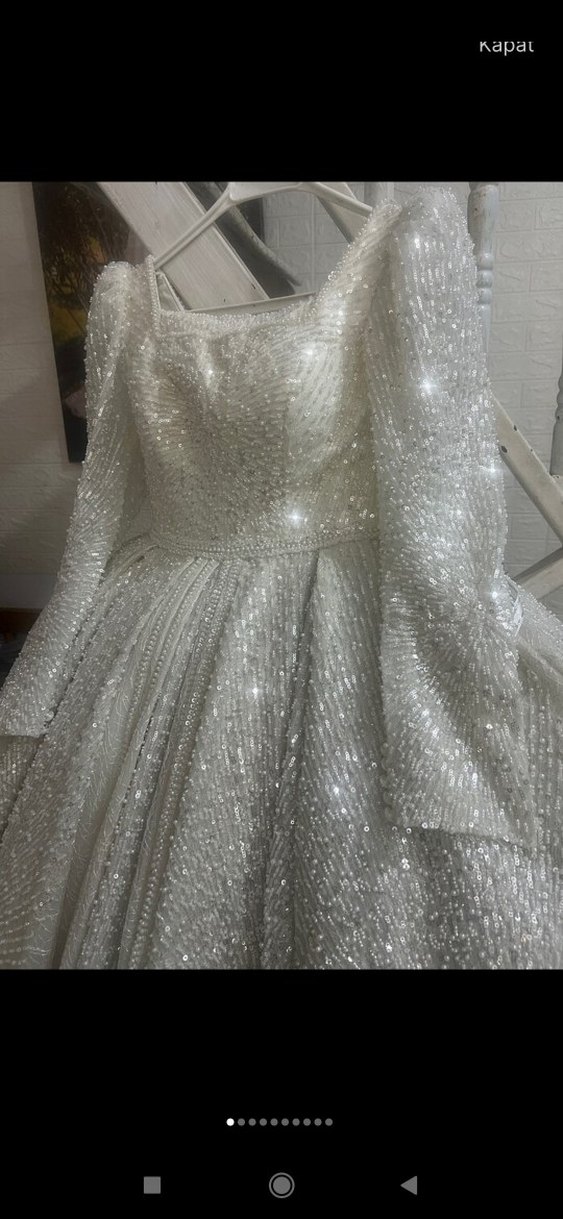 Parlak Beyaz Uzun Kollu Prenses Gelinlik - Görsel 3