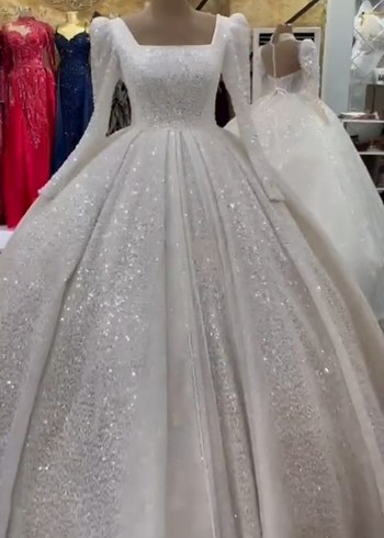 Uzun Kollu V Yaka Prenses Gelinlik - Görsel 3