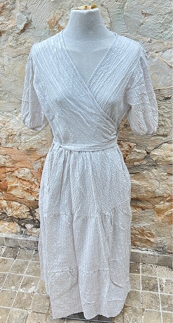 Ekru kruvaze uzun elbise - Görsel 5