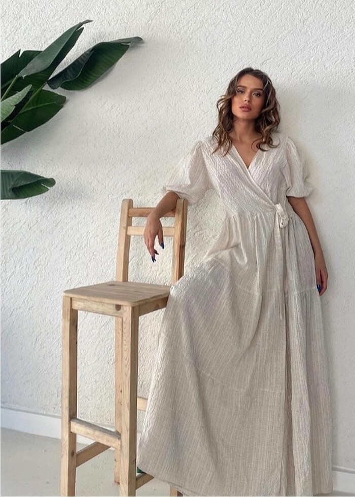 Ekru kruvaze uzun elbise - Görsel 3