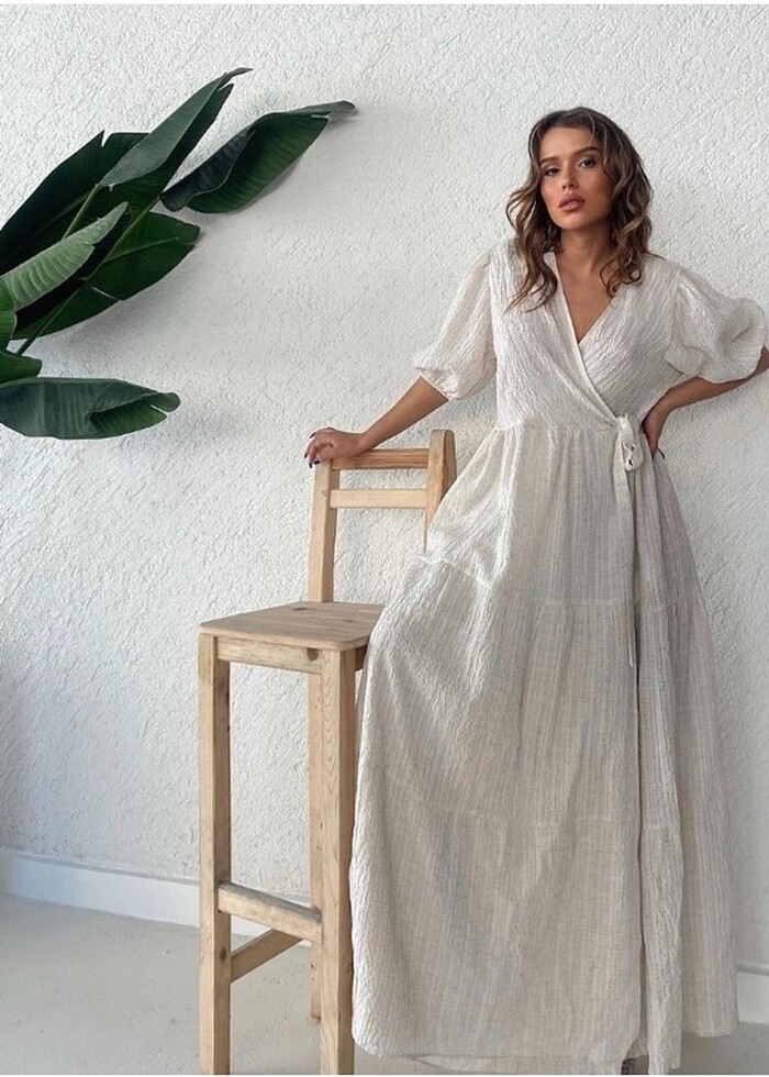 Ekru kruvaze uzun elbise - Görsel 2