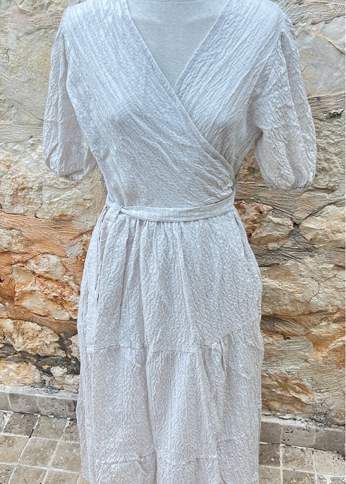 Ekru kruvaze uzun elbise - Görsel 5