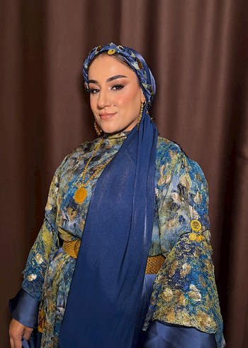 Diğer Mavi Altin Desenli Yoresel Kaftan Tesettur Elbise