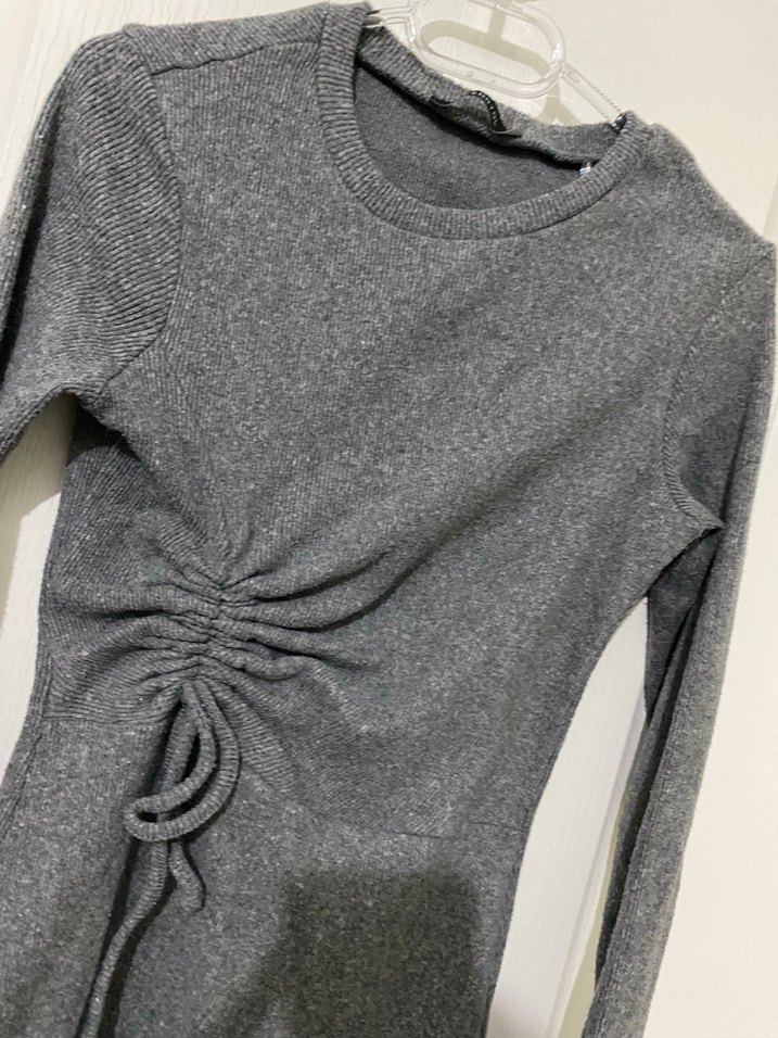 Gri Fitilli Uzun Kollu Triko Elbise - Görsel 2