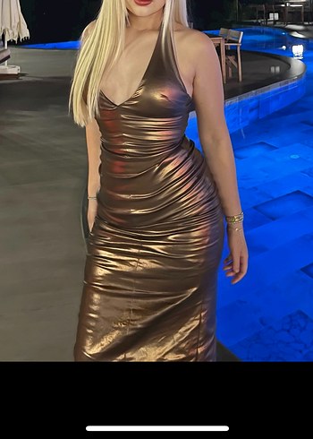 Parlak bakır Deri Midi Elbise - Görsel 5