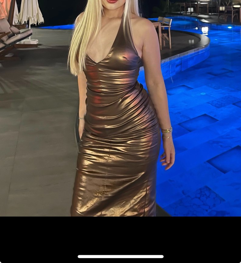 Parlak bakır Deri Midi Elbise - Görsel 5