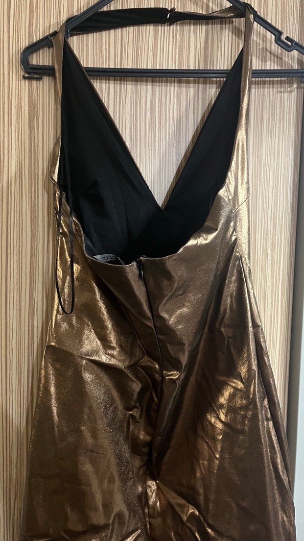 Parlak bakır Deri Midi Elbise - Görsel 3