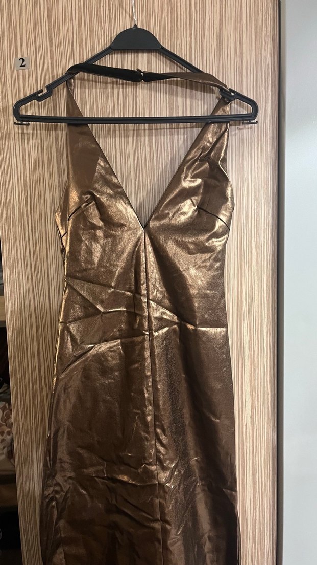 Parlak bakır Deri Midi Elbise - Görsel 2