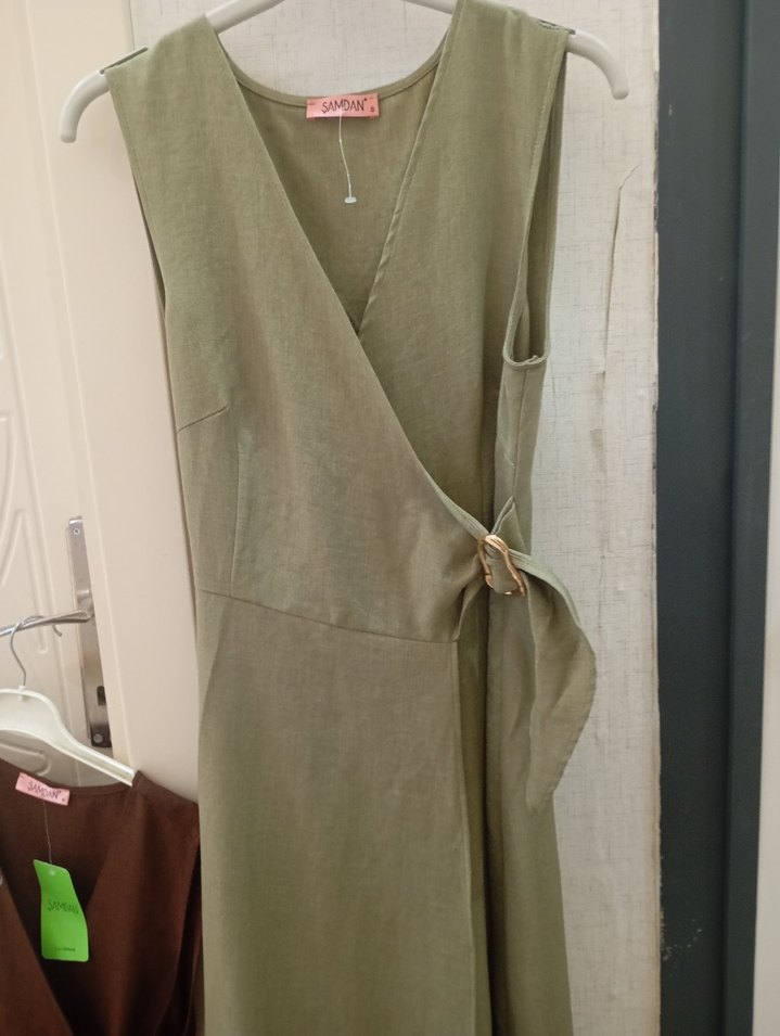 Yeşil Kemerli Keten Uzun Elbise - Görsel 2