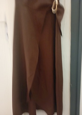 Kahverengi Kemerli Kolsuz Uzun Keten Elbise - Görsel 2