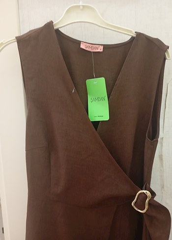 Kahverengi Kemerli Kolsuz Uzun Keten Elbise - Görsel 4