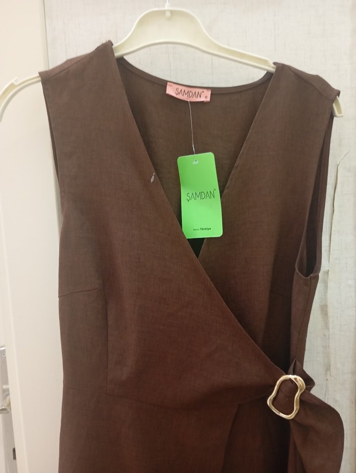 Kahverengi Kemerli Kolsuz Uzun Keten Elbise - Görsel 4