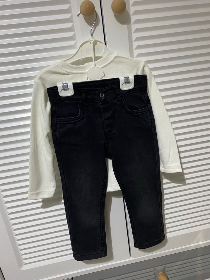 2 adet Beyaz ve siyah Baskılı Uzun Kollu  pantolonlu takım - Görsel 4