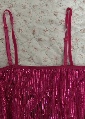 Parlak Pembe Askılı Mini Elbise - Görsel 4