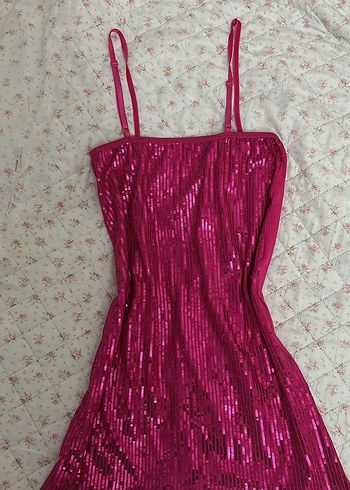 Parlak Pembe Askılı Mini Elbise - Görsel 3